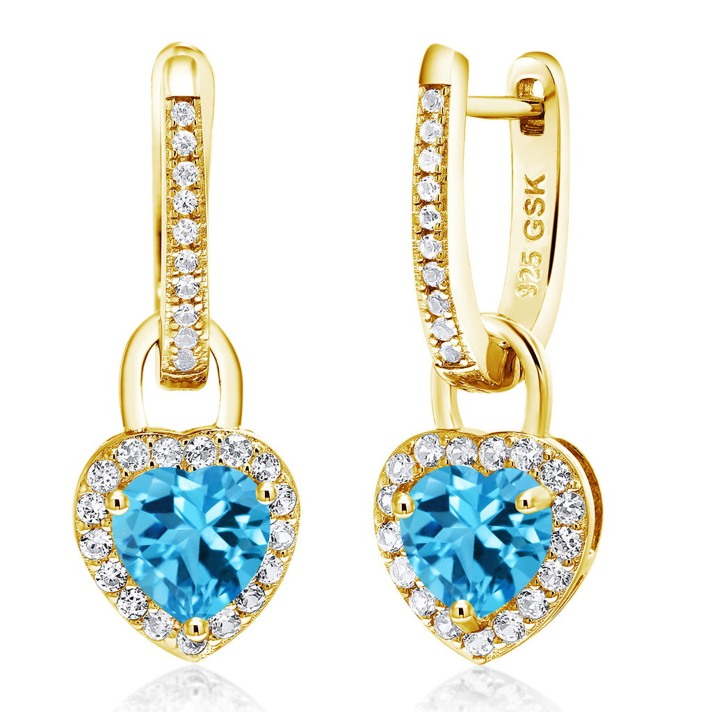 Gem Stone King 18K Yellow Gold Plated Silver Heart Gemstone Birthstone and White Created Sapphire Earrings | Heart Shape 6MM | Drop Dangle Earrings for Women