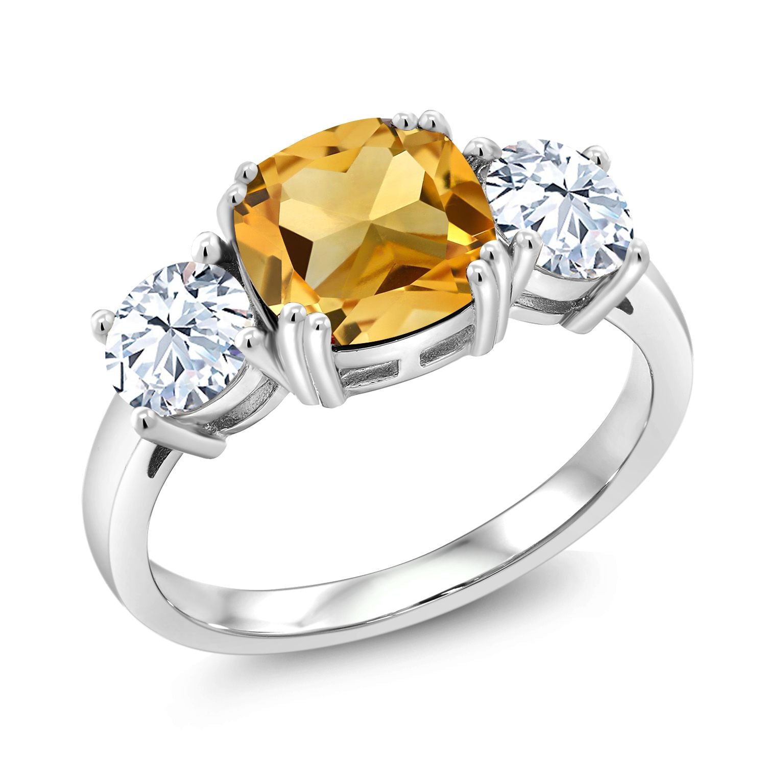 925 Sterling Silver Yellow Citrine 3 Stone Engagement Ring For Women | 4.50 Cttw | Gemstone November Birthstone | Cushion 8MM | Available in Size 5,6,7,8,9