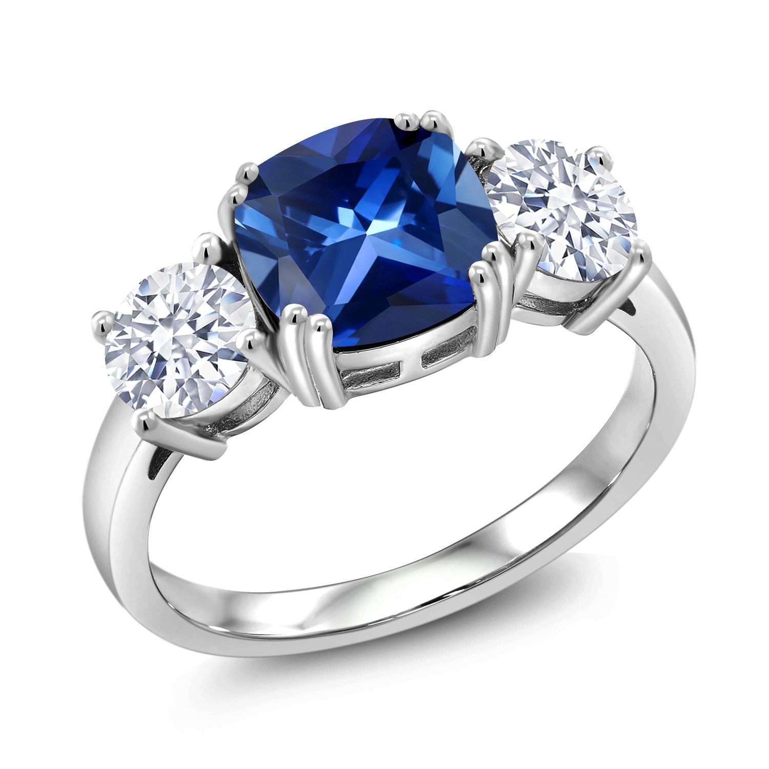 Gem Stone King Simulated Sapphire Engagement Ring - 12x10mm Emerald Cut Sterling Silver (Size 8)