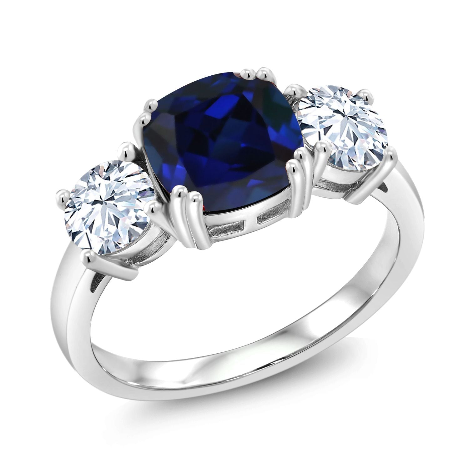 925 Sterling Silver Blue Simulated Sapphire and White Zirconia 3 Stone Engagement Ring For Women (4.00 Cttw, Gemstone September Birthstone, Cushion 8MM, Available in Size 5,6,7,8,9)