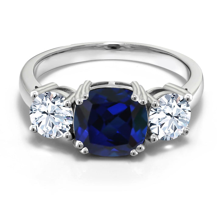 925 Sterling Silver Blue Simulated Sapphire and White Zirconia 3 Stone Engagement Ring For Women (4.00 Cttw, Gemstone September Birthstone, Cushion 8MM, Available in Size 5,6,7,8,9)