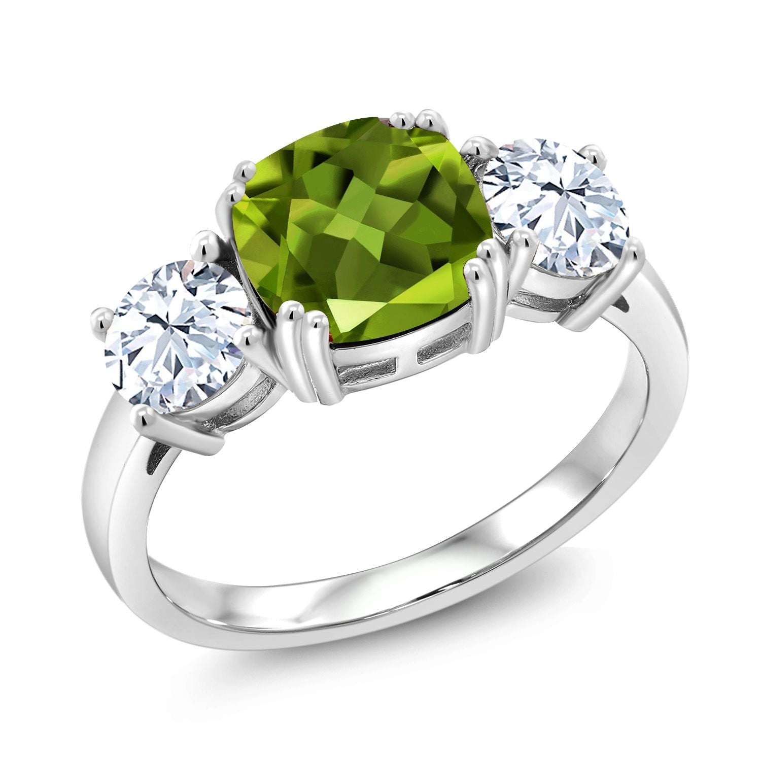 925 Sterling Silver Green Peridot and White Zirconia 3 Stone Engagement Ring For Women (3.95 Cttw, Gemstone August Birthstone, Cushion 8MM, Size 7)