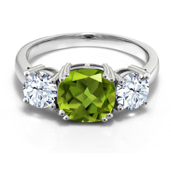 925 Sterling Silver Green Peridot and White Zirconia 3 Stone Engagement Ring For Women (3.95 Cttw, Gemstone August Birthstone, Cushion 8MM, Size 7)