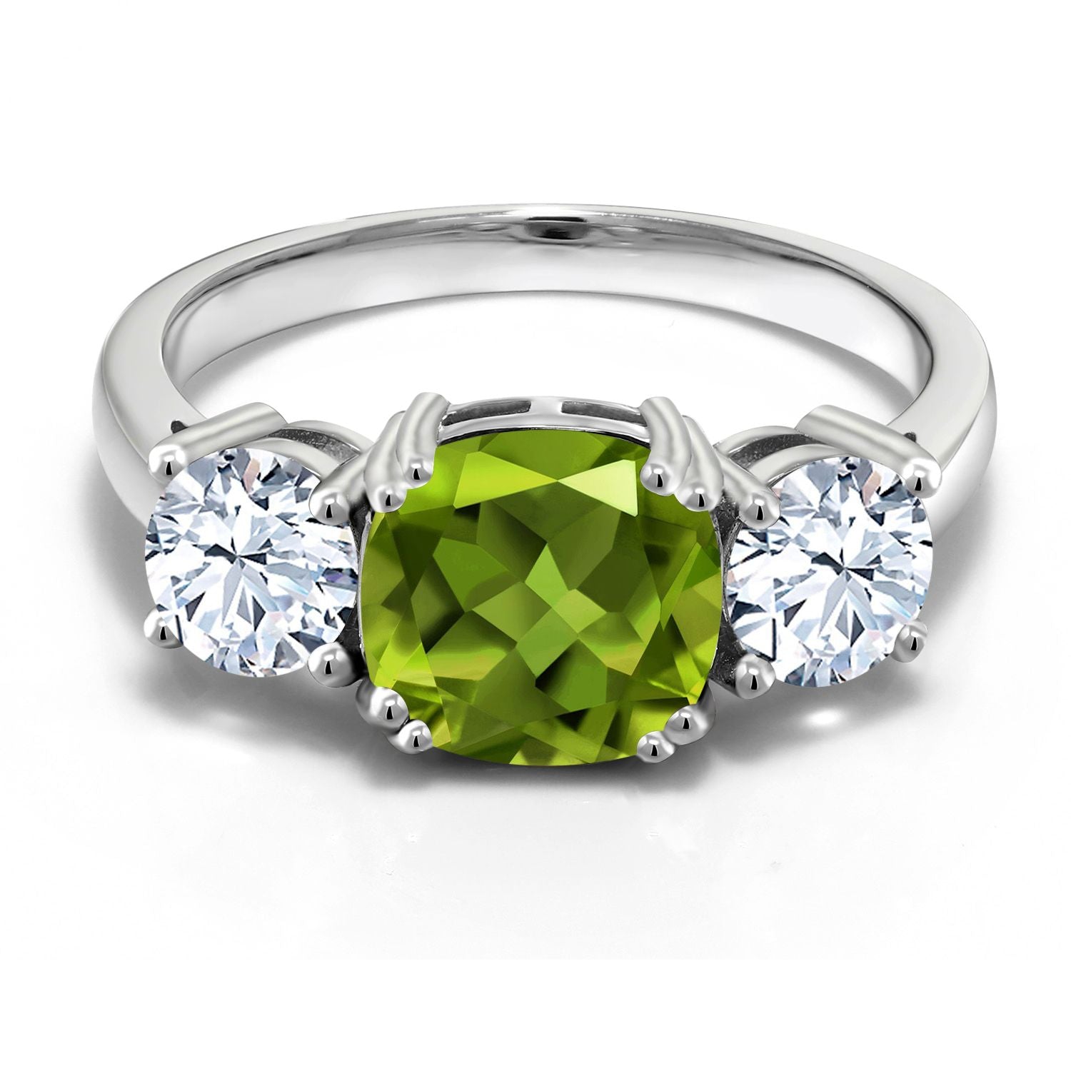 925 Sterling Silver Green Peridot and White Zirconia 3 Stone Engagement Ring For Women (3.95 Cttw, Gemstone August Birthstone, Cushion 8MM, Size 7)