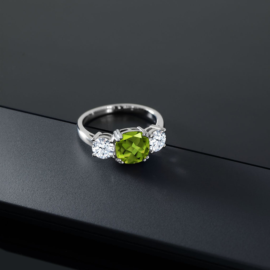925 Sterling Silver Green Peridot and White Zirconia 3 Stone Engagement Ring For Women (3.95 Cttw, Gemstone August Birthstone, Cushion 8MM, Size 7)