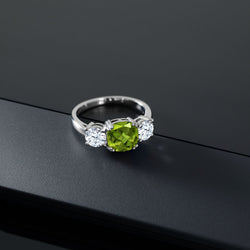 925 Sterling Silver Green Peridot and White Zirconia 3 Stone Engagement Ring For Women (3.95 Cttw, Gemstone August Birthstone, Cushion 8MM, Size 7)