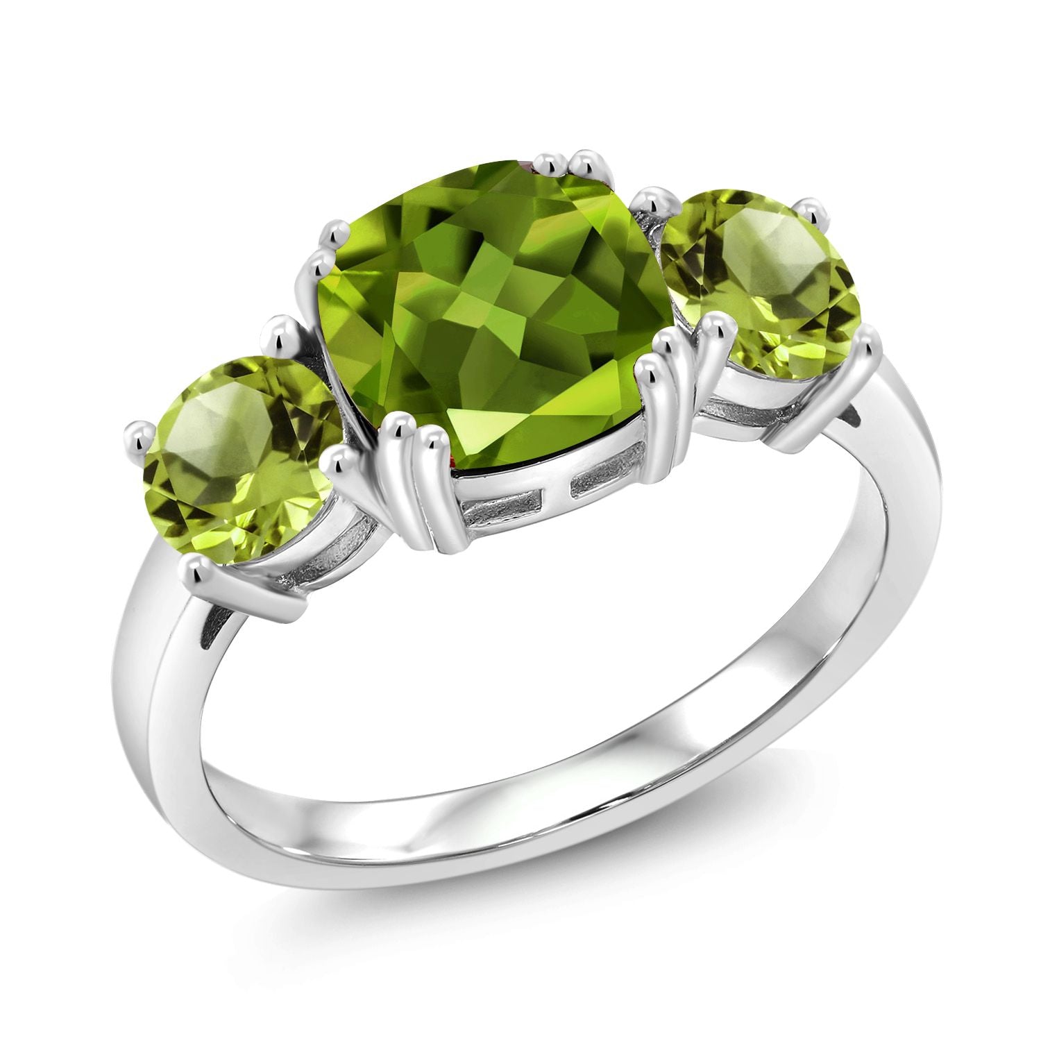 925 Sterling Silver Green Peridot 3 Stone Engagement Ring For Women (3.45 Cttw, Gemstone August Birthstone, Cushion 8MM, Available in Size 5,6,7,8,9)