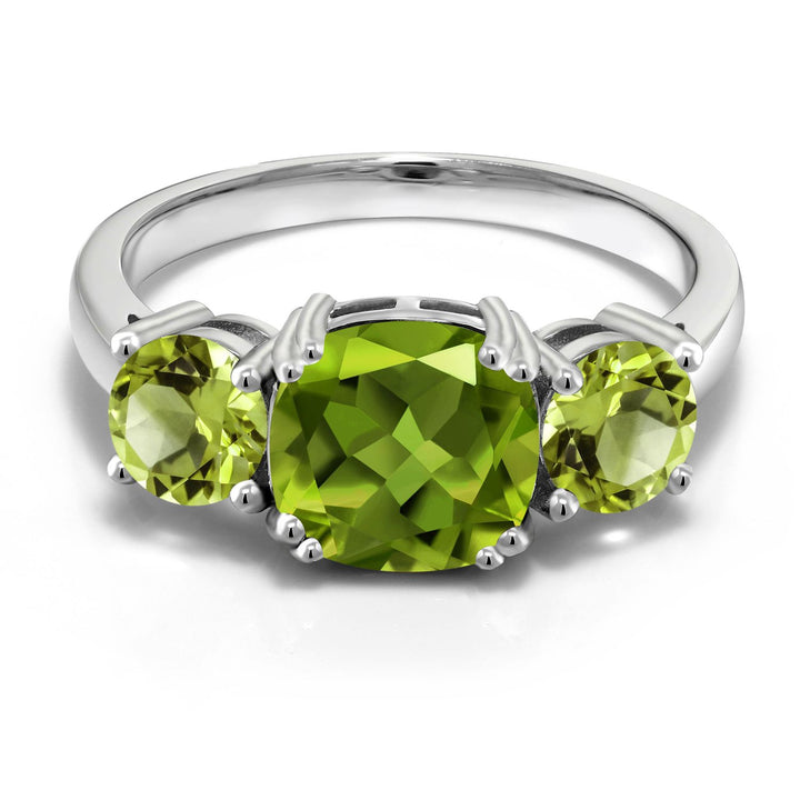 925 Sterling Silver Green Peridot 3 Stone Engagement Ring For Women (3.45 Cttw, Gemstone August Birthstone, Cushion 8MM, Available in Size 5,6,7,8,9)