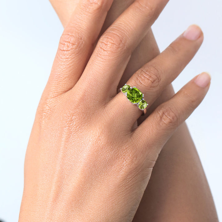 925 Sterling Silver Green Peridot 3 Stone Engagement Ring For Women (3.45 Cttw, Gemstone August Birthstone, Cushion 8MM, Available in Size 5,6,7,8,9)