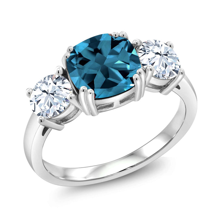 925 Sterling Silver London Blue Topaz and White Zirconia 3 Stone Engagement Ring For Women | 4.24 Cttw | Gemstone Birthstone | Cushion 8MM | Available in Size 5,6,7,8,9