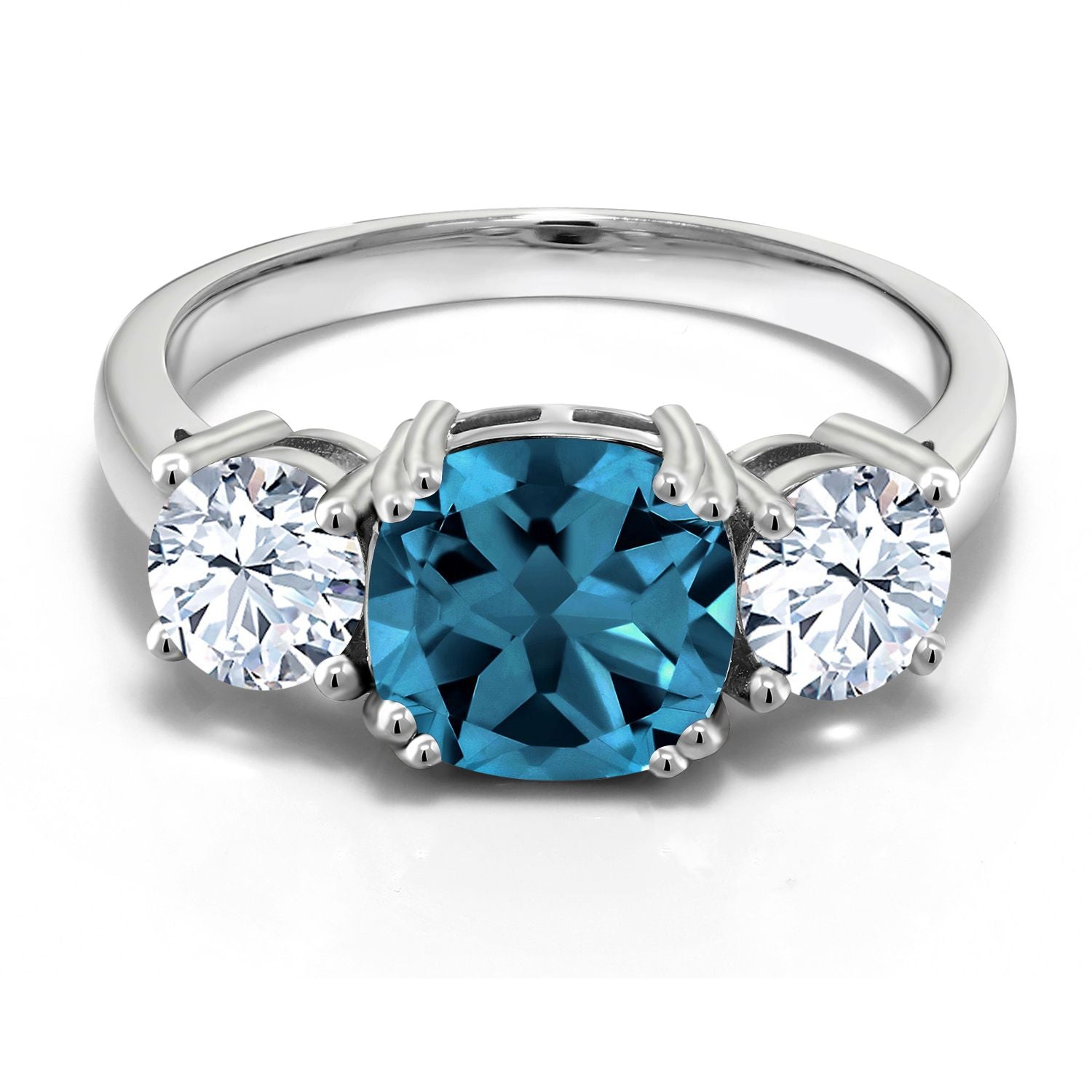 925 Sterling Silver London Blue Topaz and White Zirconia 3 Stone Engagement Ring For Women | 4.24 Cttw | Gemstone Birthstone | Cushion 8MM | Available in Size 5,6,7,8,9