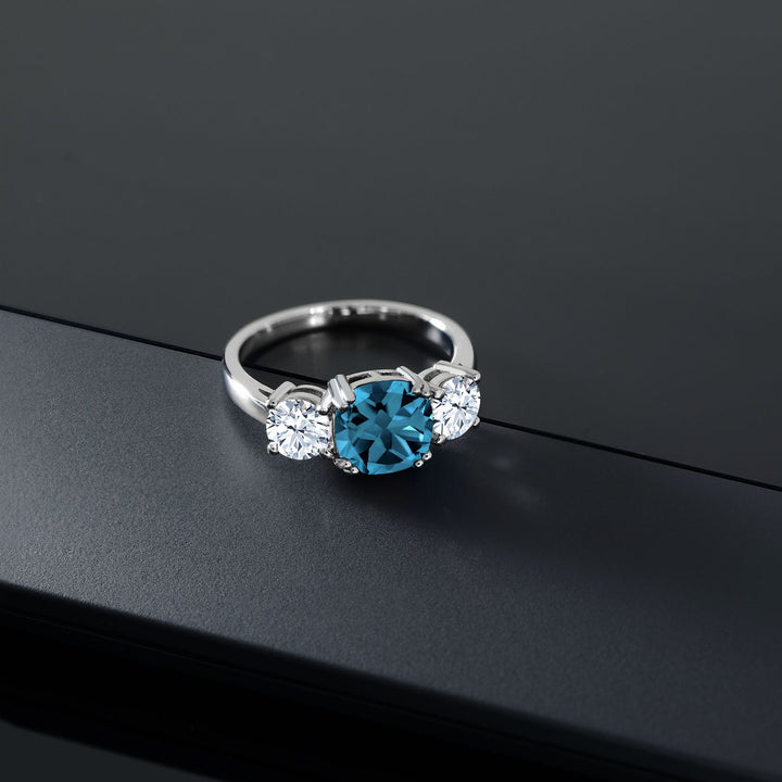 925 Sterling Silver London Blue Topaz and White Zirconia 3 Stone Engagement Ring For Women | 4.24 Cttw | Gemstone Birthstone | Cushion 8MM | Available in Size 5,6,7,8,9