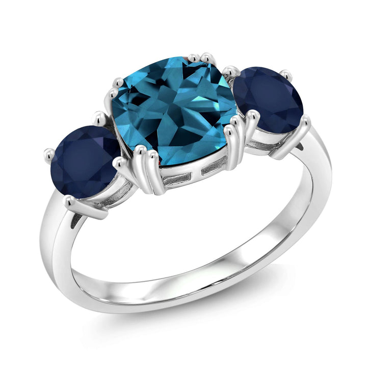 925 Sterling Silver London Blue Topaz and Blue Sapphire 3 Stone Engagement Ring For Women (3.85 Cttw, Gemstone November Birthstone, Cushion 8MM, Available in Size 5,6,7,8,9)