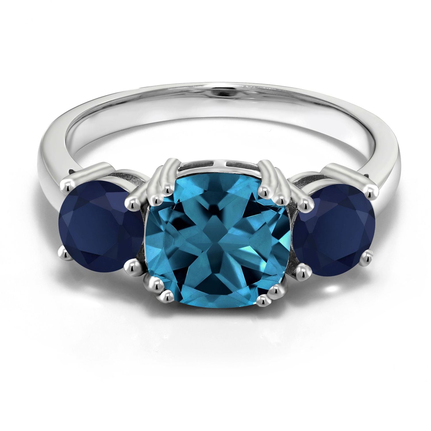 925 Sterling Silver London Blue Topaz and Blue Sapphire 3 Stone Engagement Ring For Women (3.85 Cttw, Gemstone November Birthstone, Cushion 8MM, Available in Size 5,6,7,8,9)