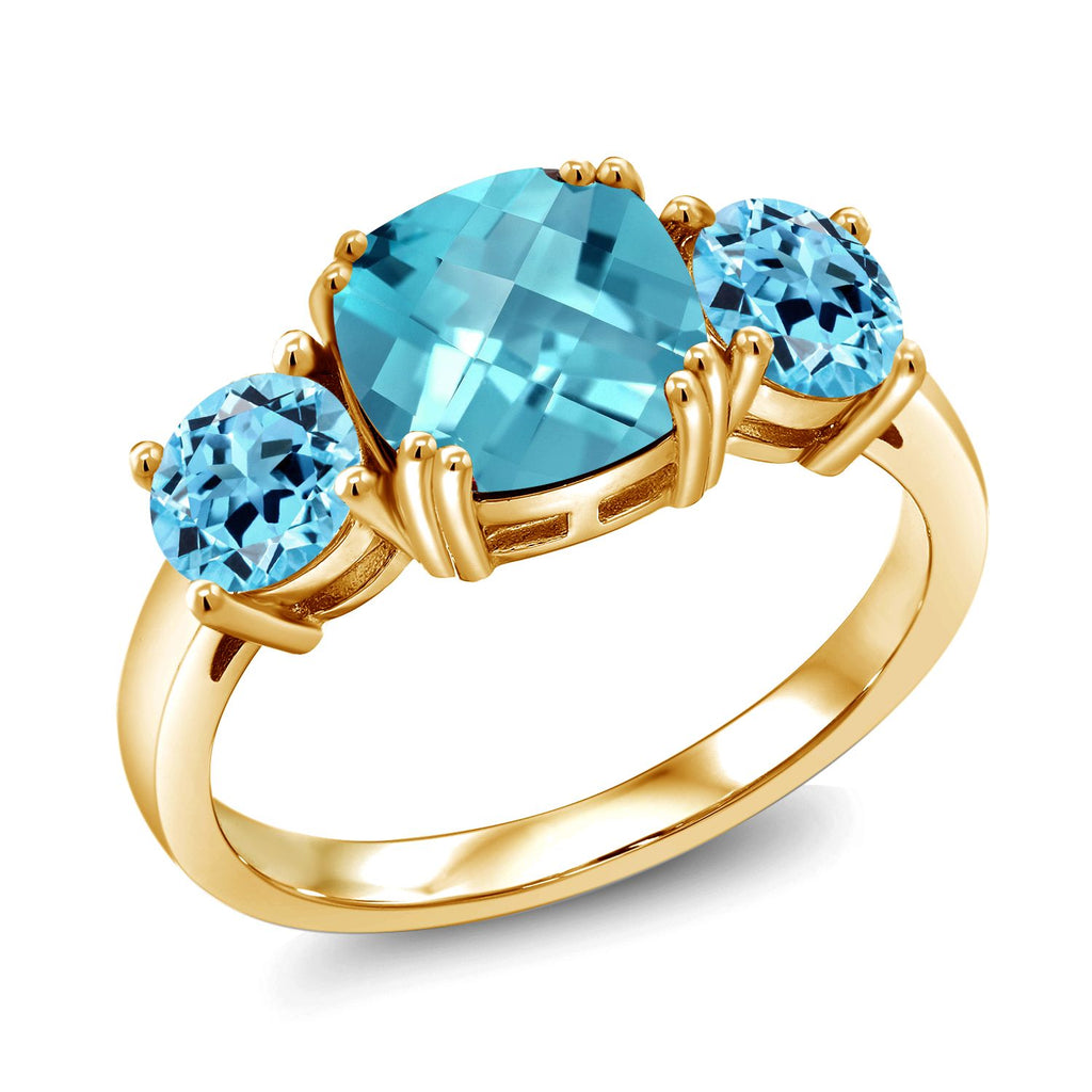 Swiss Blue Topaz-Checkerboard_5_Ring in 925 Yellow Gold Plated Silver