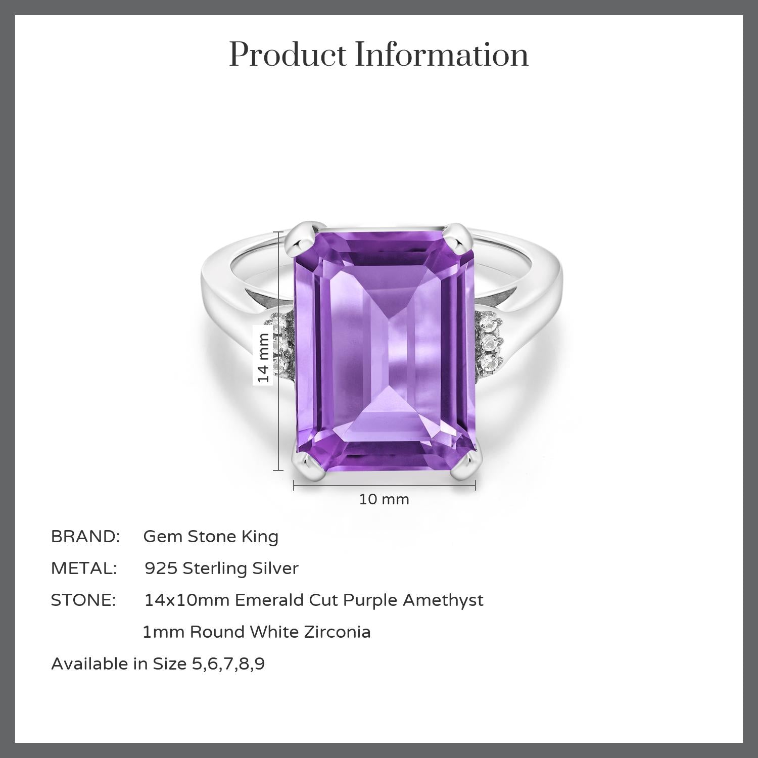 925 Sterling Silver Purple Amethyst Engagement Ring For Women (6.32 Cttw, Emerald Cut 14X10MM, Gemstone Birthstone, Available in size 5, 6, 7, 8, 9)