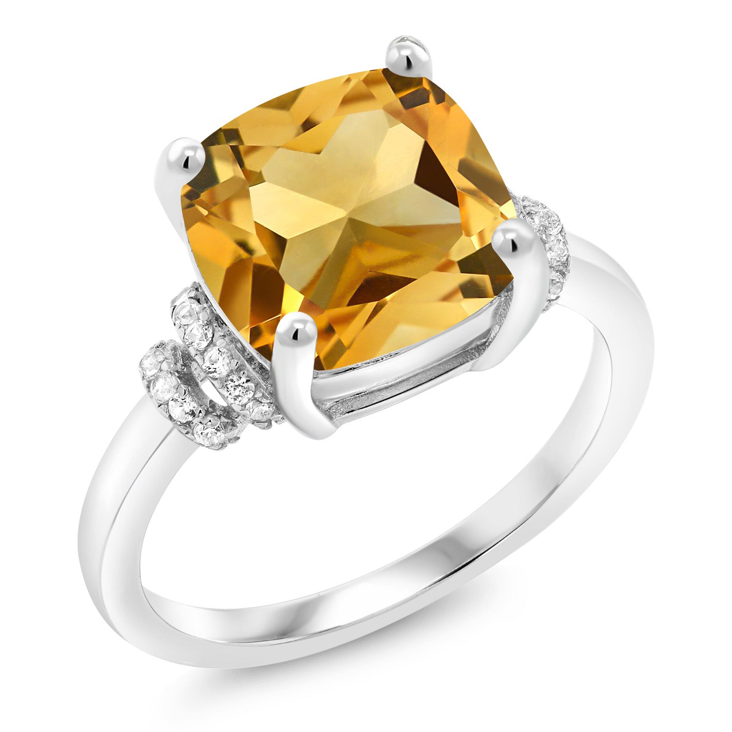 925 Sterling Silver Yellow Citrine Engagement Ring For Women (3.51 Cttw, Cushion Cut 10MM, Gemstone Birthstone, Available in size 5, 6, 7, 8, 9)