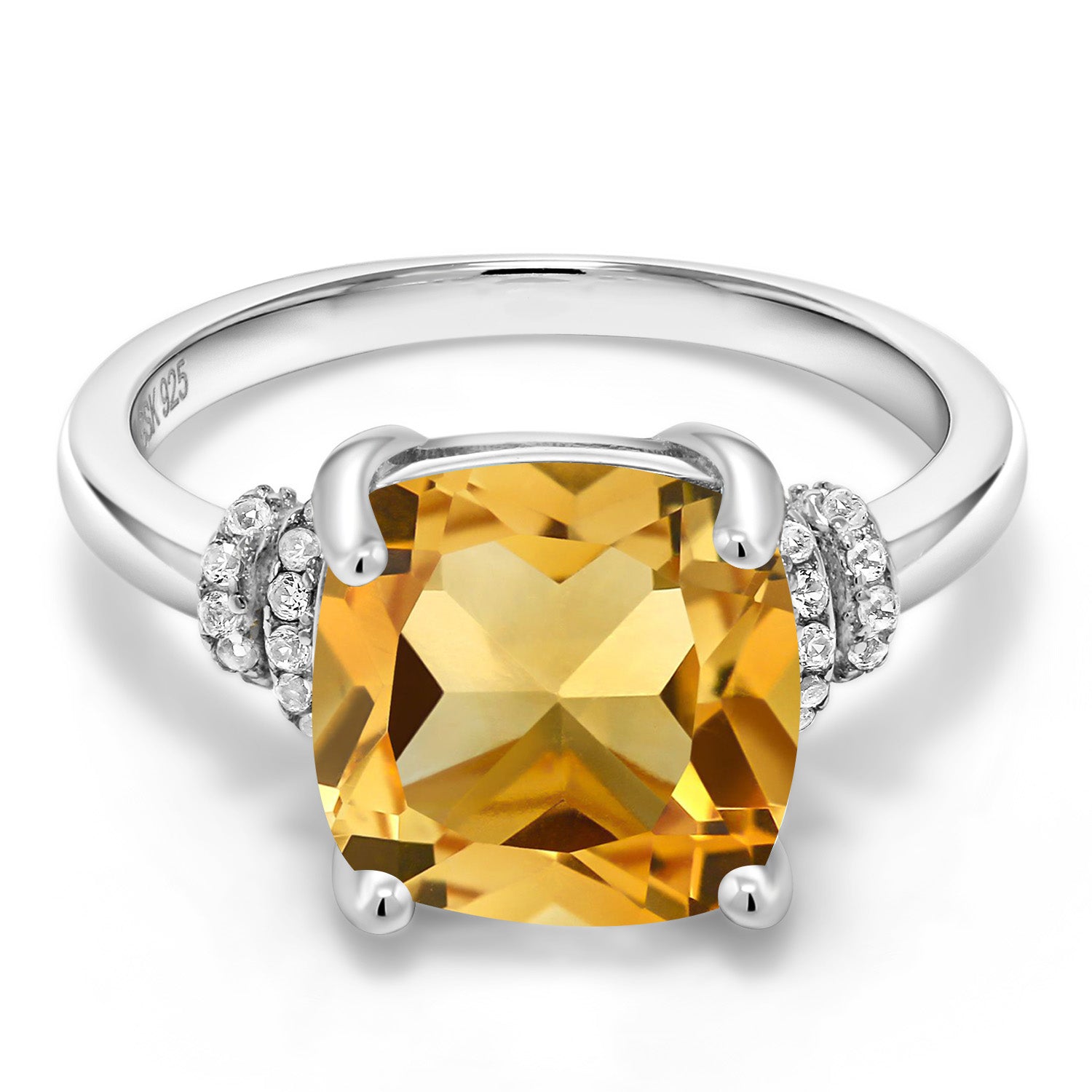 925 Sterling Silver Yellow Citrine Engagement Ring For Women (3.51 Cttw, Cushion Cut 10MM, Gemstone Birthstone, Available in size 5, 6, 7, 8, 9)