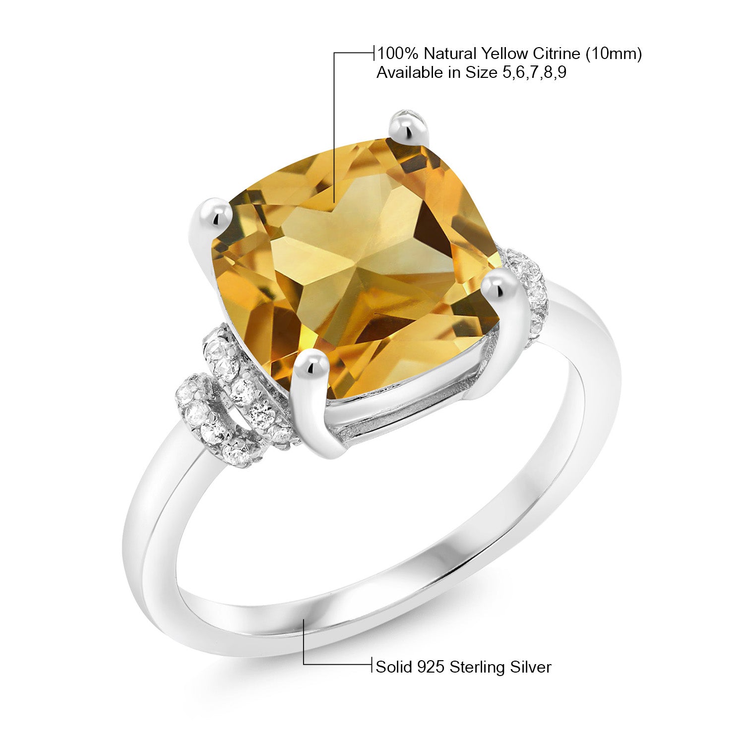 925 Sterling Silver Yellow Citrine Engagement Ring For Women (3.51 Cttw, Cushion Cut 10MM, Gemstone Birthstone, Available in size 5, 6, 7, 8, 9)