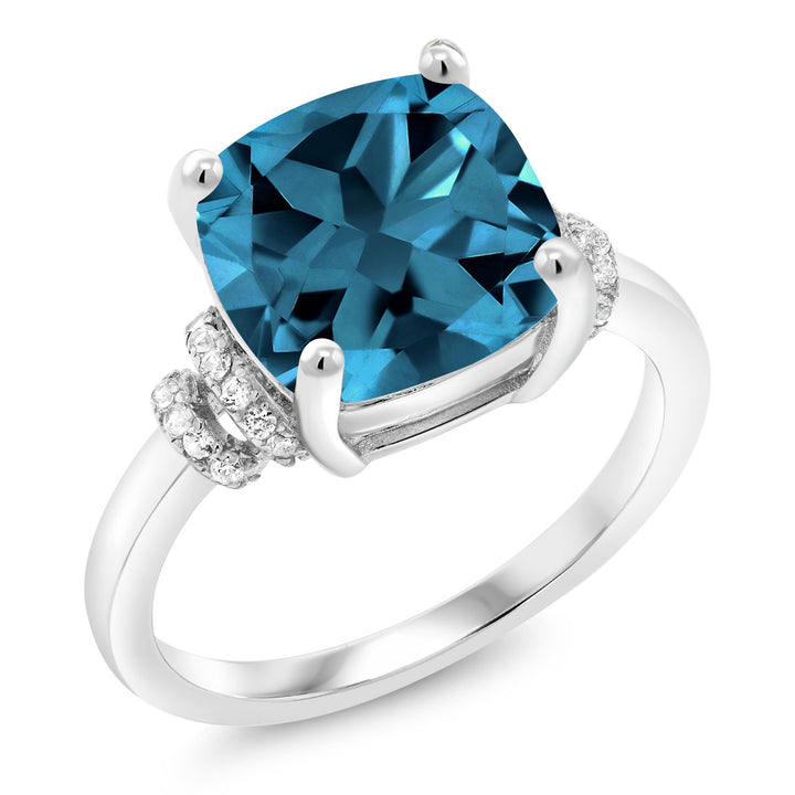 4.64 Cttw London Blue Topaz Engagement Ring For Women In 925 Sterling Silver | Cushion Cut 10MM | Gemstone Birthstone | Available in size 5, 6, 7, 8, 9