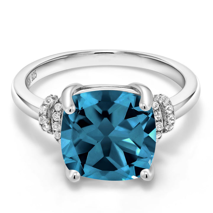 4.64 Cttw London Blue Topaz Engagement Ring For Women In 925 Sterling Silver | Cushion Cut 10MM | Gemstone Birthstone | Available in size 5, 6, 7, 8, 9