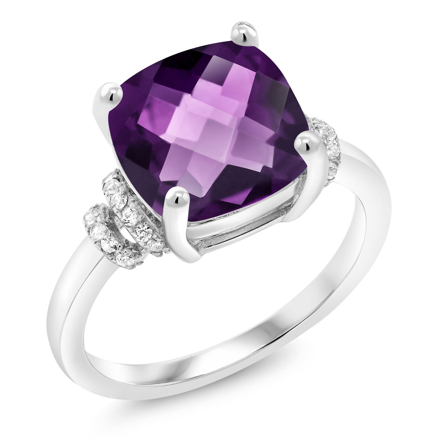 3.74 Cttw Amethyst Engagement Ring For Women In 925 Sterling Silver | Cushion Checkerboard 10MM | Gemstone Birthstone | Available In Size 5, 6, 7, 8, 9