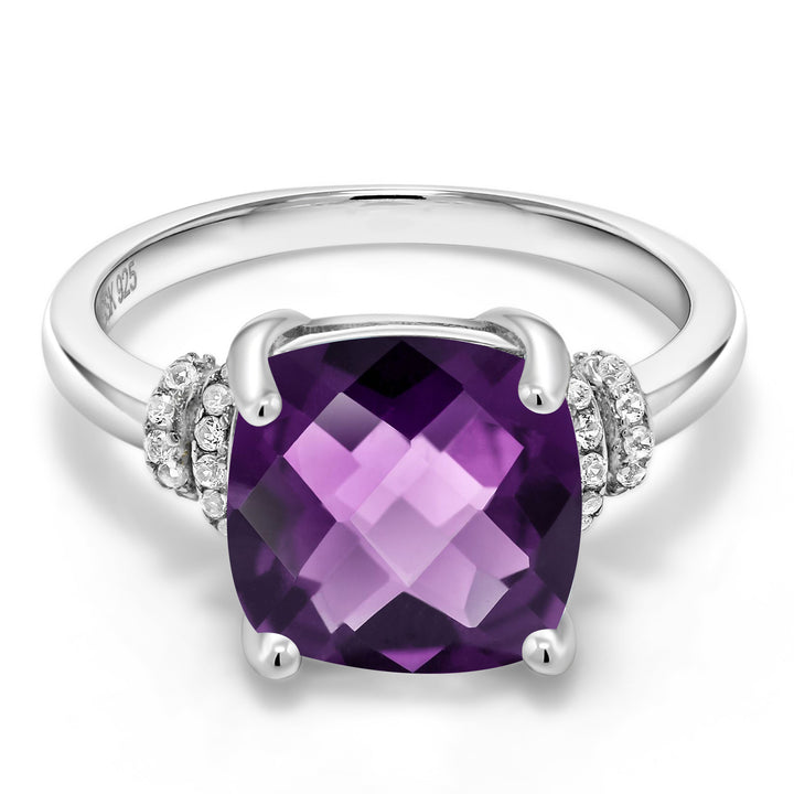 3.74 Cttw Amethyst Engagement Ring For Women In 925 Sterling Silver | Cushion Checkerboard 10MM | Gemstone Birthstone | Available In Size 5, 6, 7, 8, 9