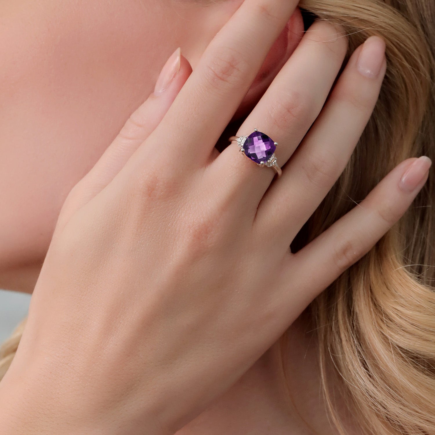 3.74 Cttw Amethyst Engagement Ring For Women In 925 Sterling Silver | Cushion Checkerboard 10MM | Gemstone Birthstone | Available In Size 5, 6, 7, 8, 9