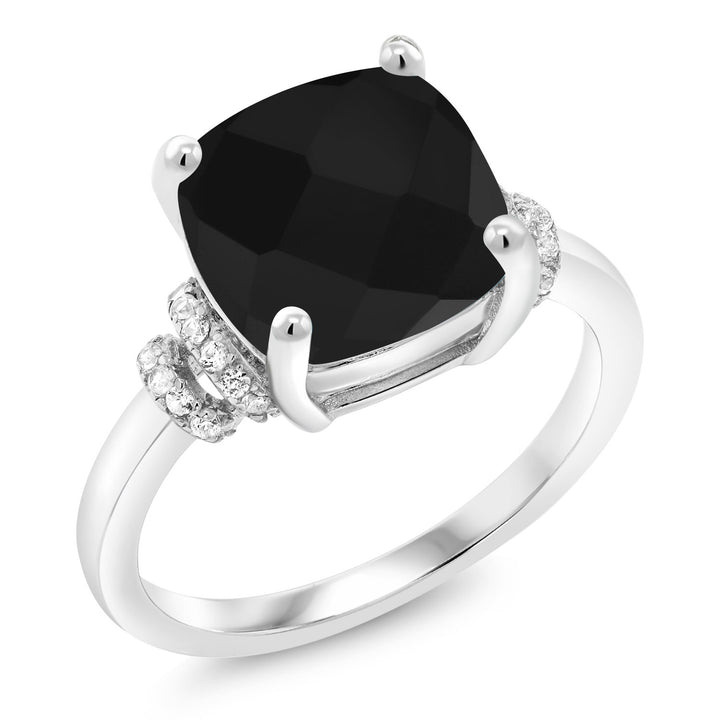 925 Sterling Silver Black Onyx Ring For Women | 3.89 Cttw | Cushion Checkerboard Cut 10MM | Gemstone Birthstone | Available in size 5, 6, 7, 8, 9