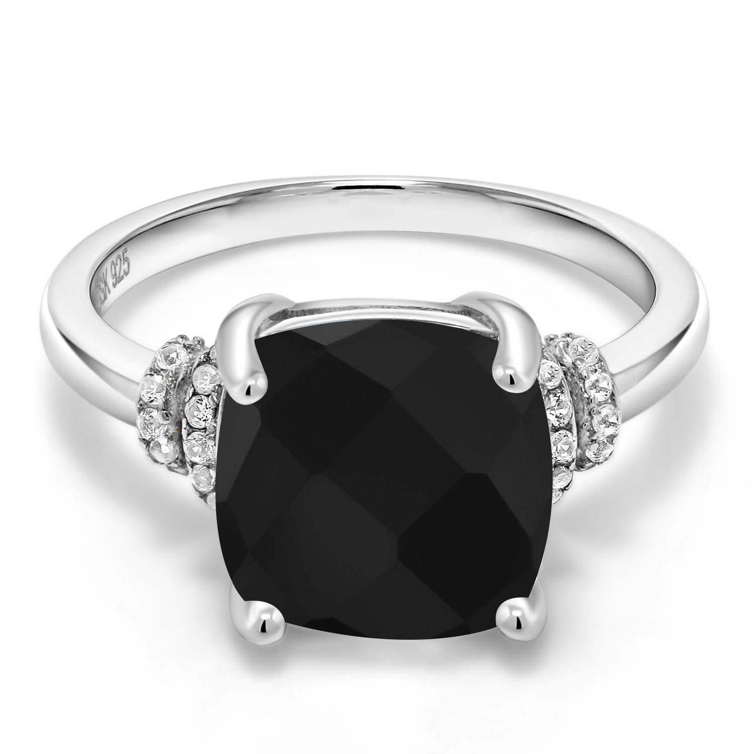 925 Sterling Silver Black Onyx Ring For Women | 3.89 Cttw | Cushion Checkerboard Cut 10MM | Gemstone Birthstone | Available in size 5, 6, 7, 8, 9