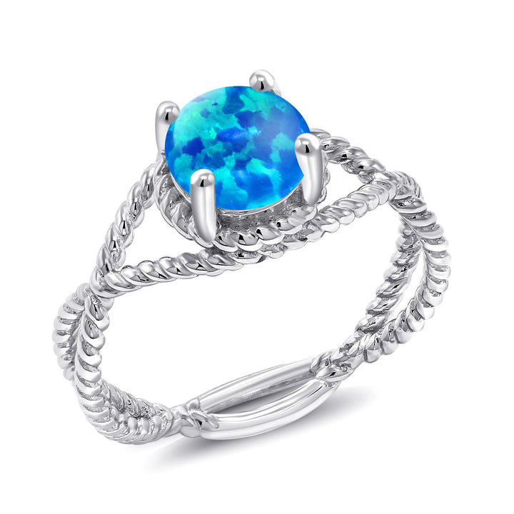 Blue Simulated Opal-Cabochon - October_5_Ring in 925 Sterling Silver
