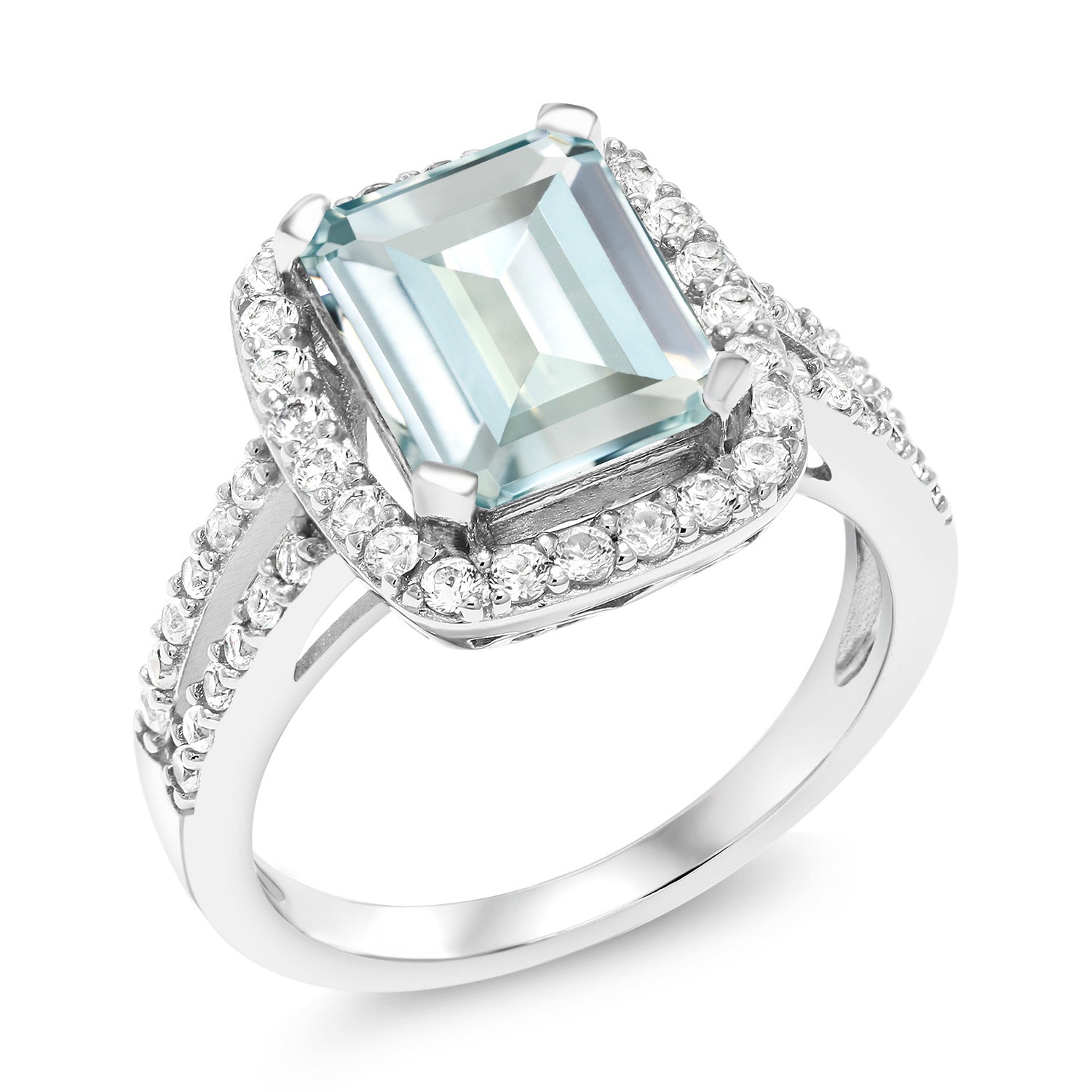 925 Sterling Silver Sky Blue Simulated Aquamarine Engagement Ring For Women (3.68 Cttw, Emerald Cut 10X8MM, Available In Size 5,6,7,8,9)