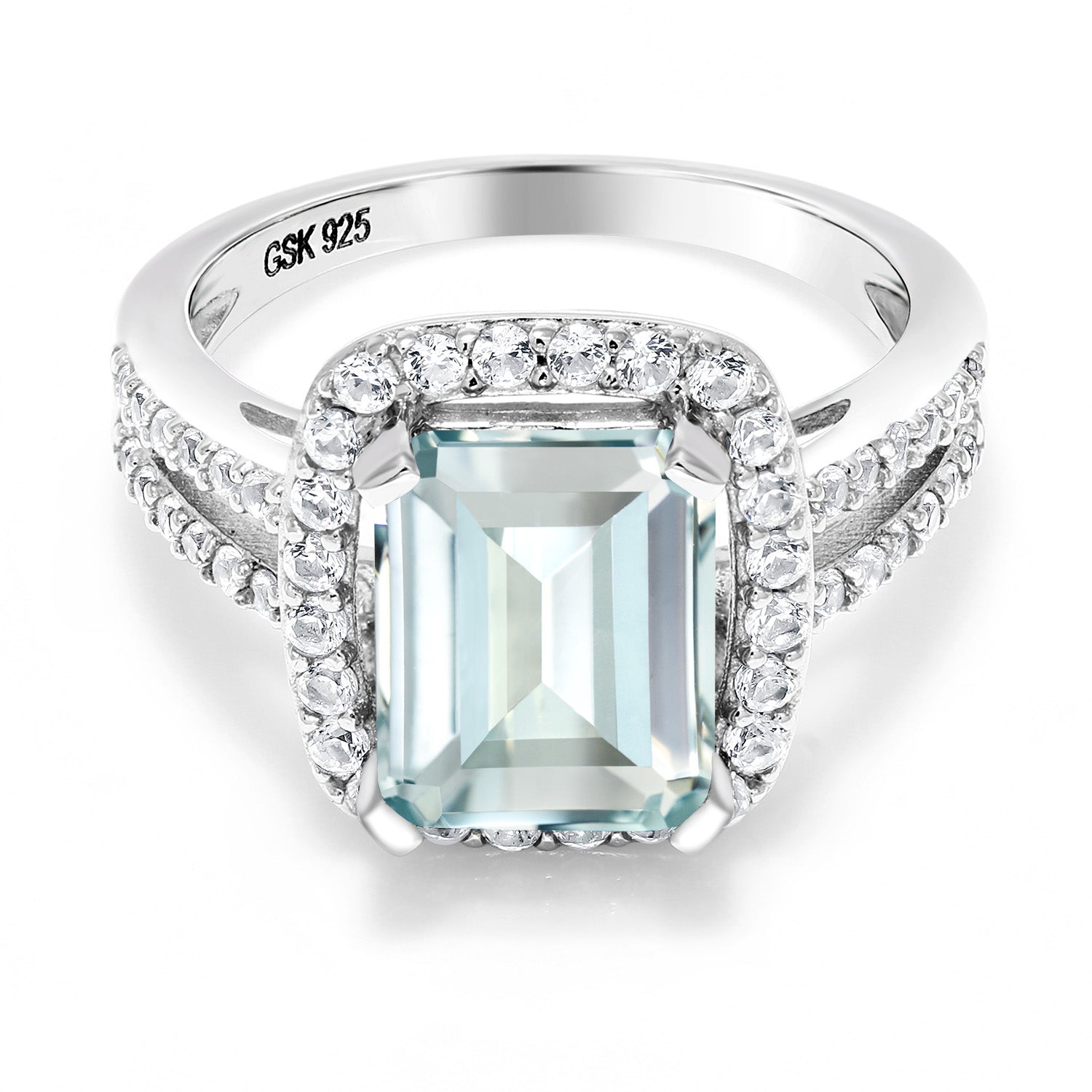 925 Sterling Silver Sky Blue Simulated Aquamarine Engagement Ring For Women (3.68 Cttw, Emerald Cut 10X8MM, Available In Size 5,6,7,8,9)