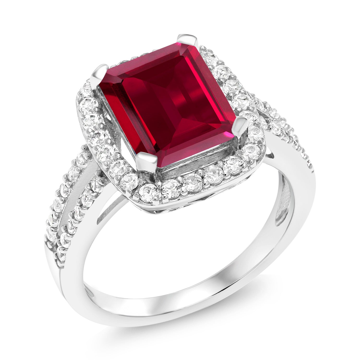 4.42 Cttw 925 Sterling Silver Red Created Ruby Ring | Engagement Ring For Women | Emerald Cut 10X8MM | Available In Size 5, 6, 7, 8, 9