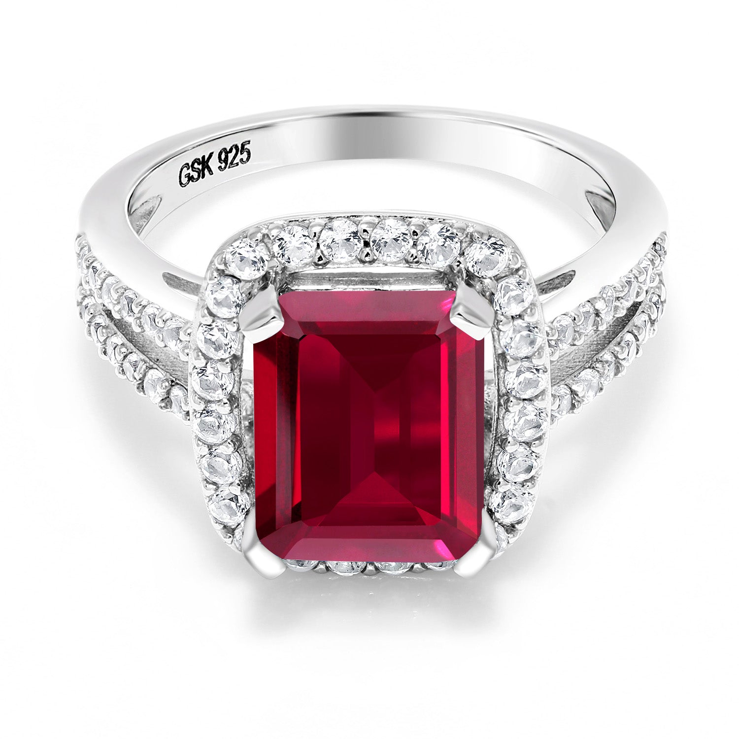 4.42 Cttw 925 Sterling Silver Red Created Ruby Ring | Engagement Ring For Women | Emerald Cut 10X8MM | Available In Size 5, 6, 7, 8, 9