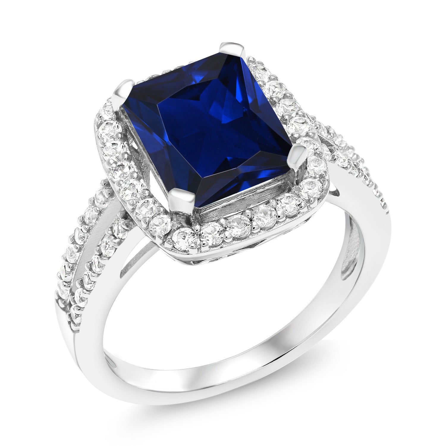 925 Sterling Silver Blue Simulated Sapphire Engagement Ring For Women (4.58 Cttw, 10X8MM Emerald Cut, Available in size 5, 6, 7, 8, 9)