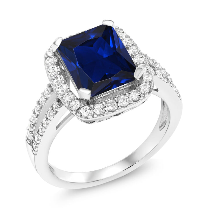 925 Sterling Silver Blue Simulated Sapphire Engagement Ring For Women (4.58 Cttw, 10X8MM Emerald Cut, Available in size 5, 6, 7, 8, 9)