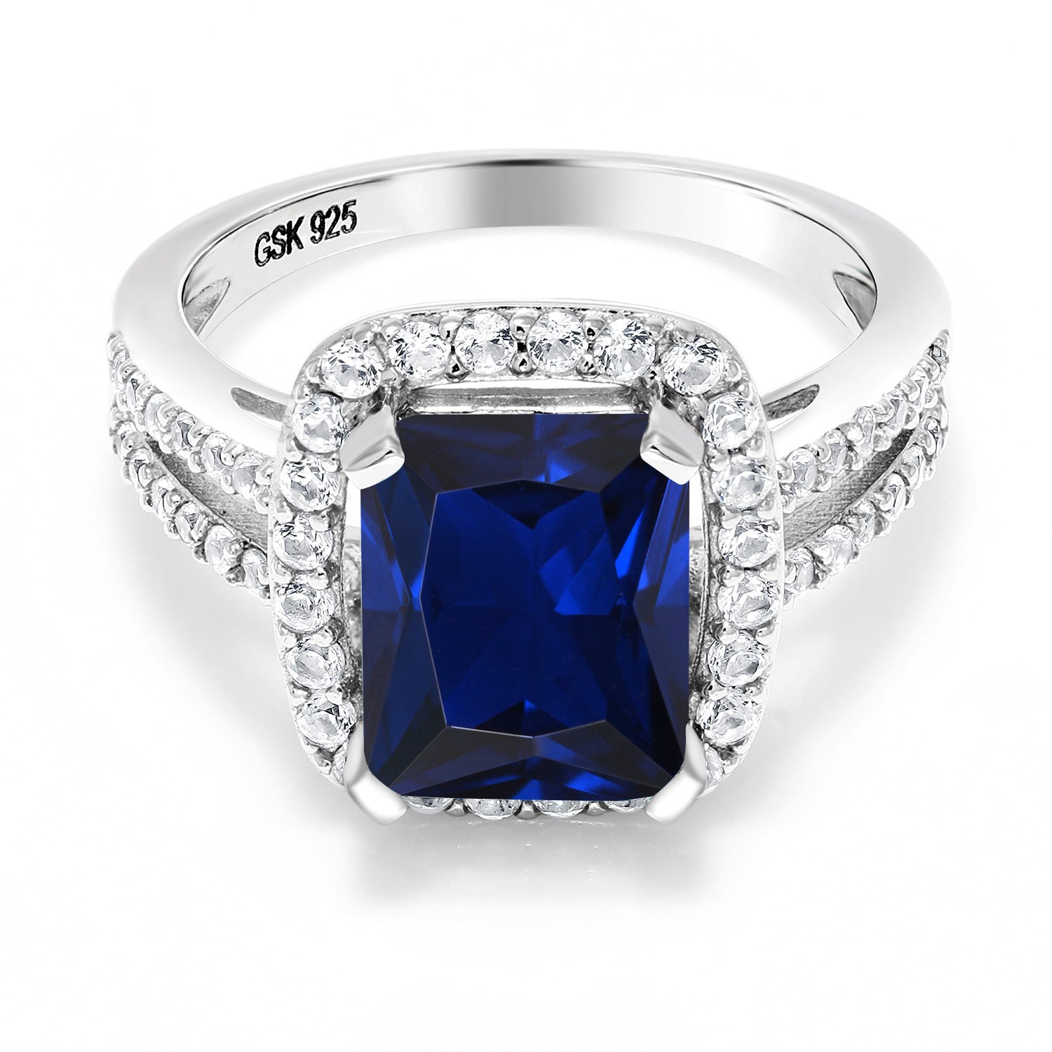 925 Sterling Silver Blue Simulated Sapphire Engagement Ring For Women (4.58 Cttw, 10X8MM Emerald Cut, Available in size 5, 6, 7, 8, 9)