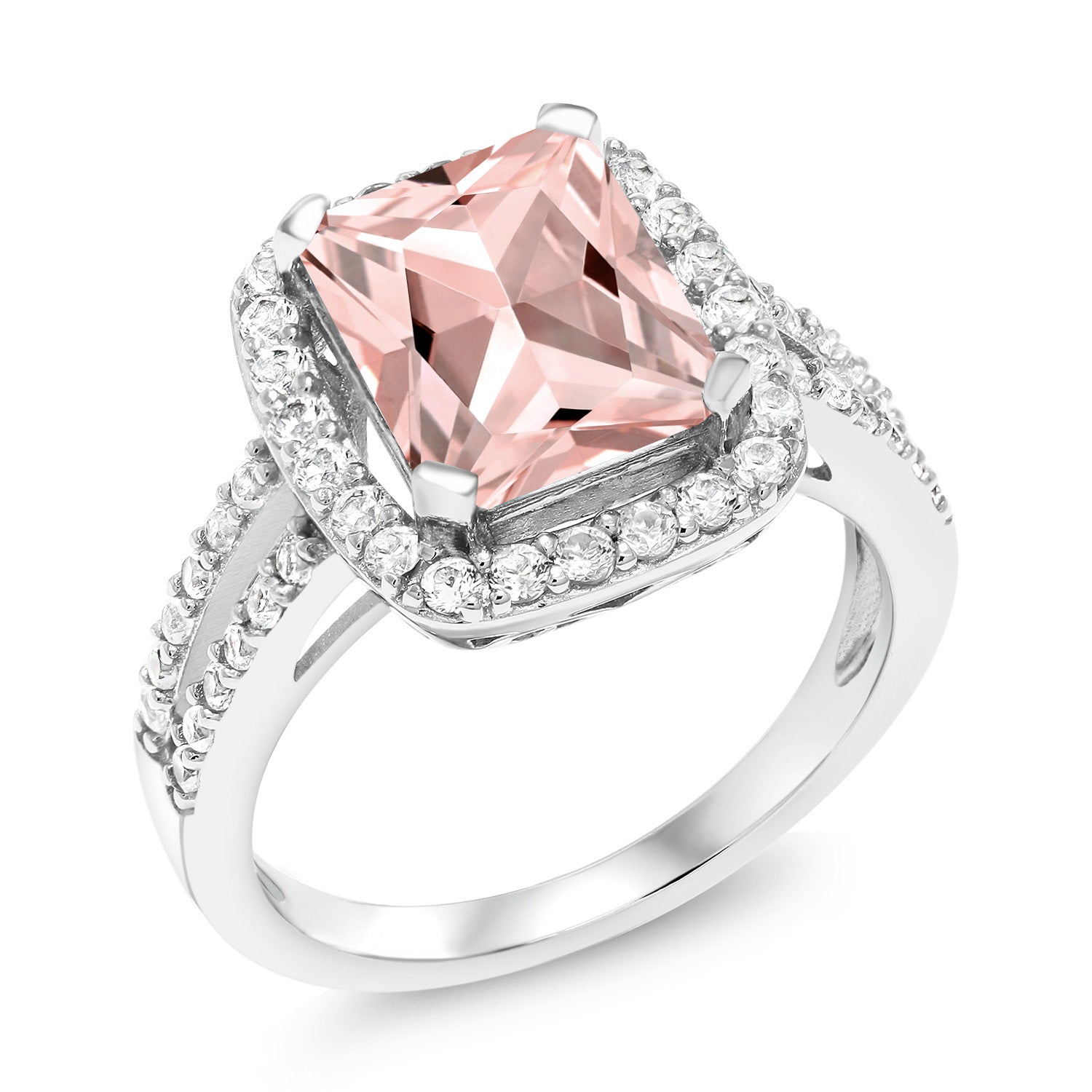 925 Sterling Silver Peach Nano Morganite Engagement Ring For Women (3.82 Cttw, Emerald Cut 10X8MM, Available In Size 5, 6, 7, 8, 9)