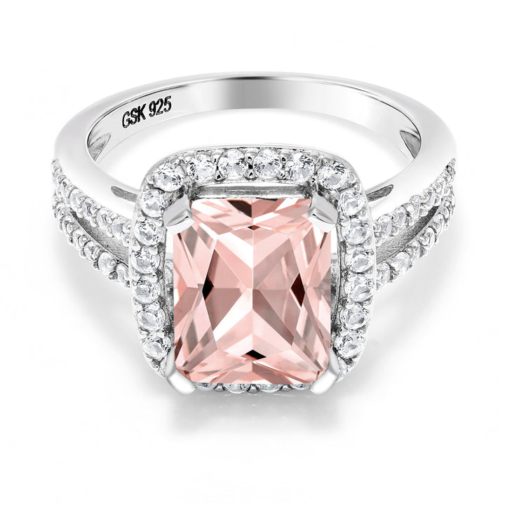 925 Sterling Silver Peach Nano Morganite Engagement Ring For Women (3.82 Cttw, Emerald Cut 10X8MM, Available In Size 5, 6, 7, 8, 9)