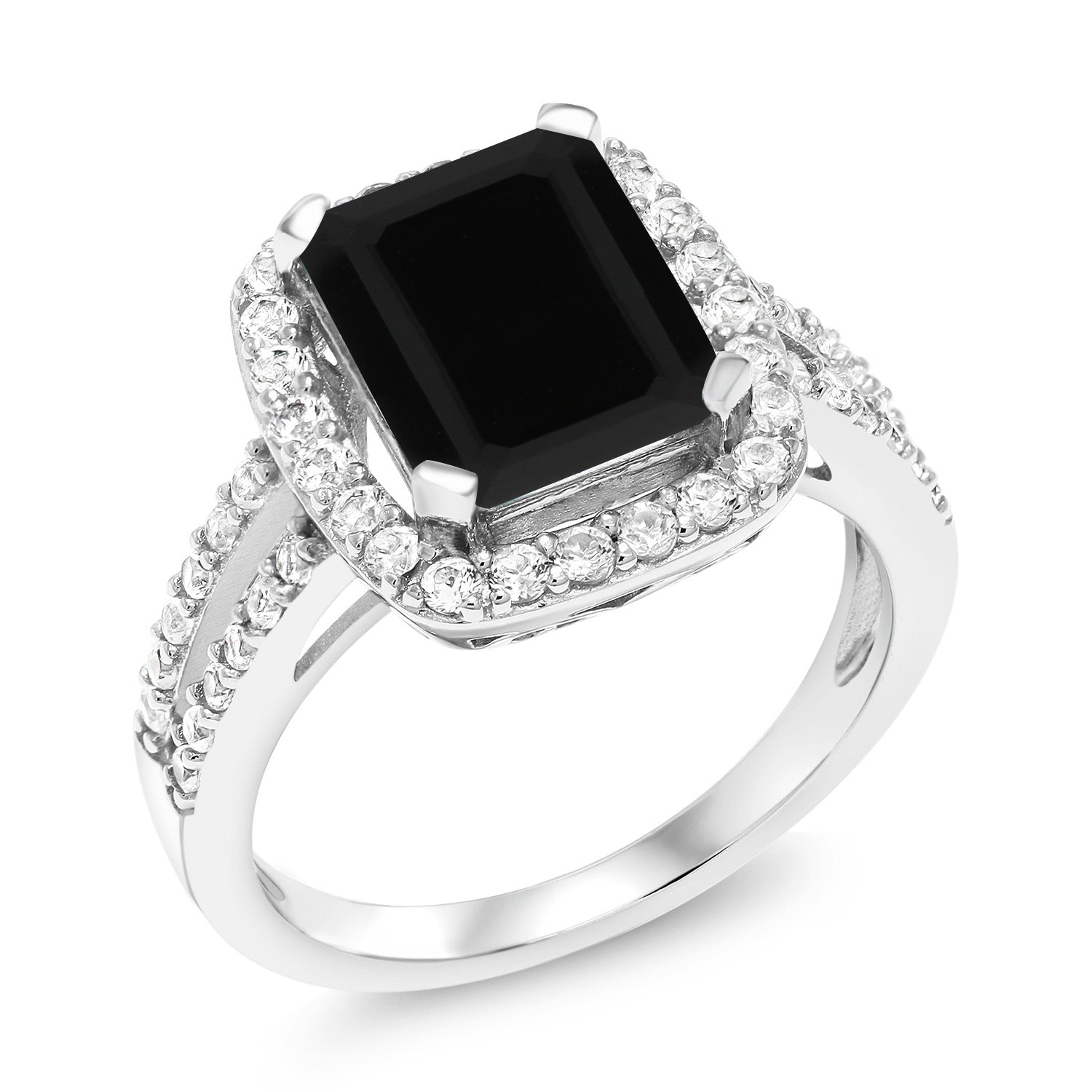 925 Sterling Silver Black Onyx Engagement Ring For Women (3.75 Cttw, Emerald Cut 10X8MM, Gemstone Birthstone, Available in size 5, 6, 7, 8, 9)