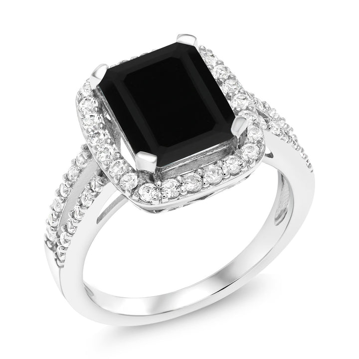 925 Sterling Silver Black Onyx Engagement Ring For Women (3.75 Cttw, Emerald Cut 10X8MM, Gemstone Birthstone, Available in size 5, 6, 7, 8, 9)