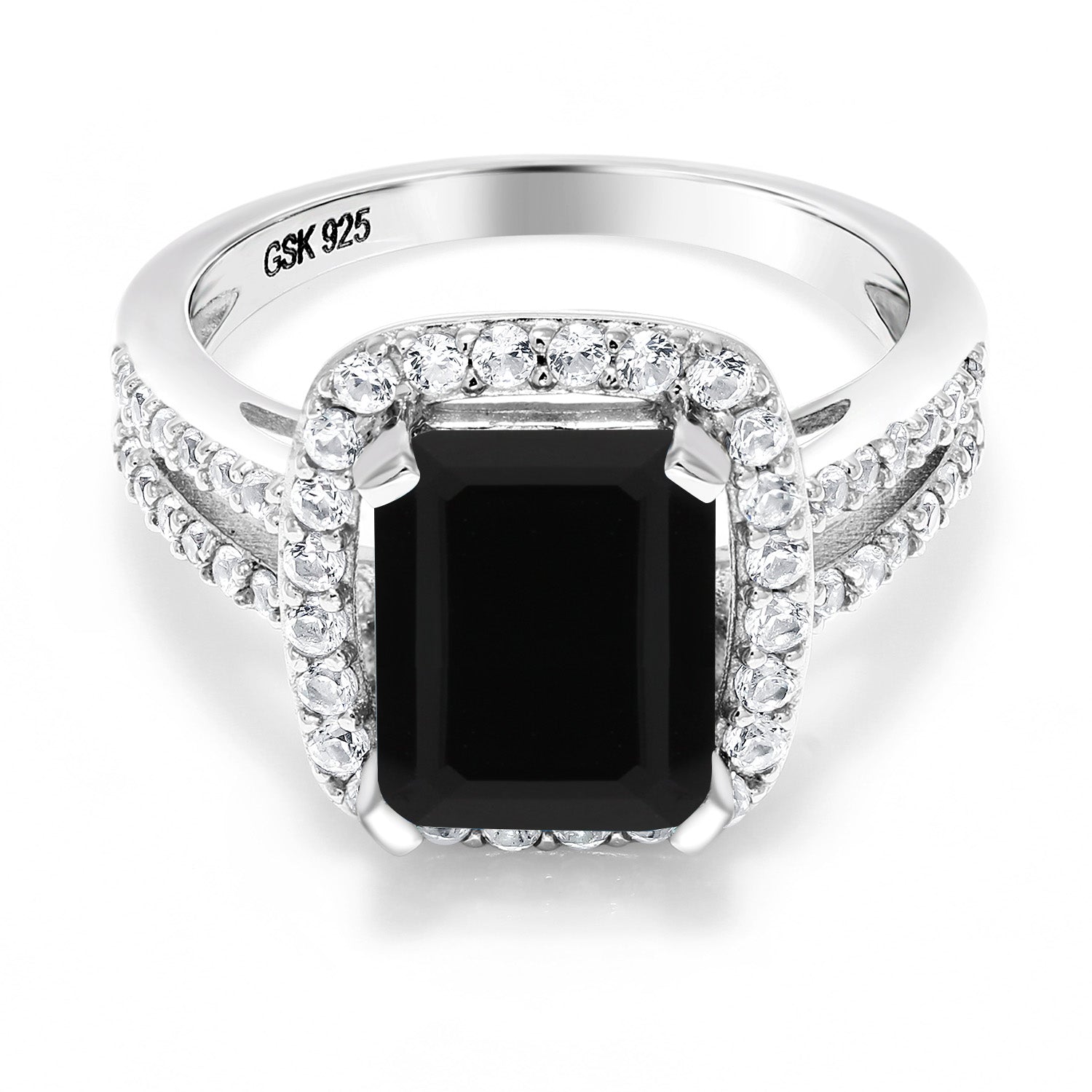 925 Sterling Silver Black Onyx Engagement Ring For Women (3.75 Cttw, Emerald Cut 10X8MM, Gemstone Birthstone, Available in size 5, 6, 7, 8, 9)