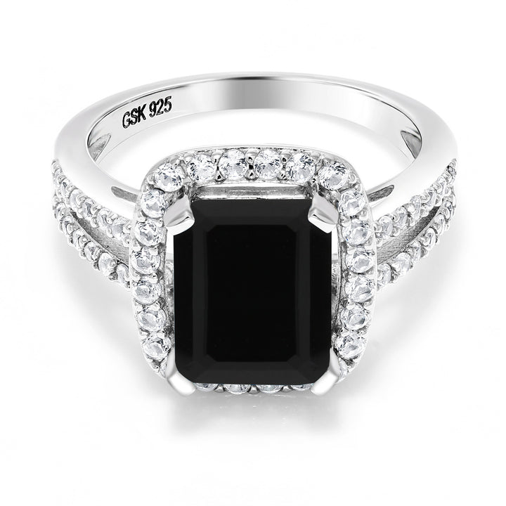 925 Sterling Silver Black Onyx Engagement Ring For Women (3.75 Cttw, Emerald Cut 10X8MM, Gemstone Birthstone, Available in size 5, 6, 7, 8, 9)