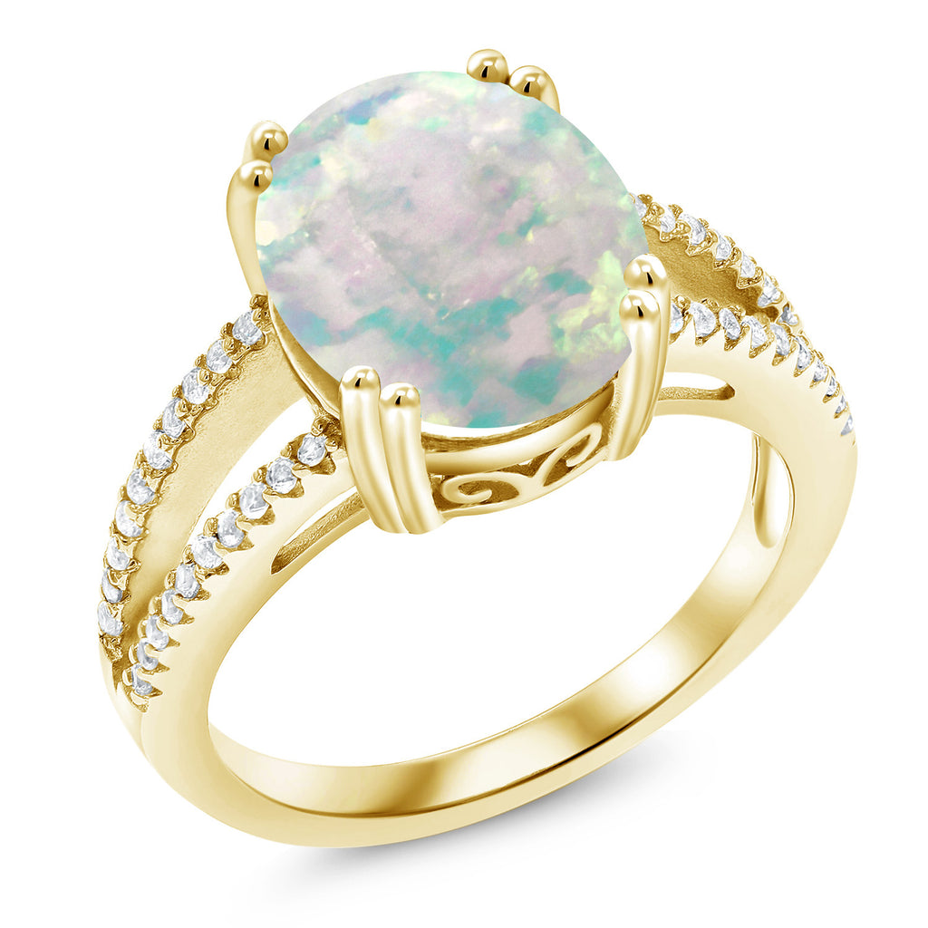 White Simulated Opal-Cabochon - October_8_Ring in 925 Yellow Gold Plated Silver