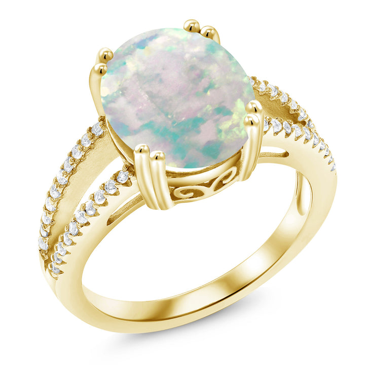 White Simulated Opal-Cabochon - October_5_Ring in 925 Yellow Gold Plated Silver