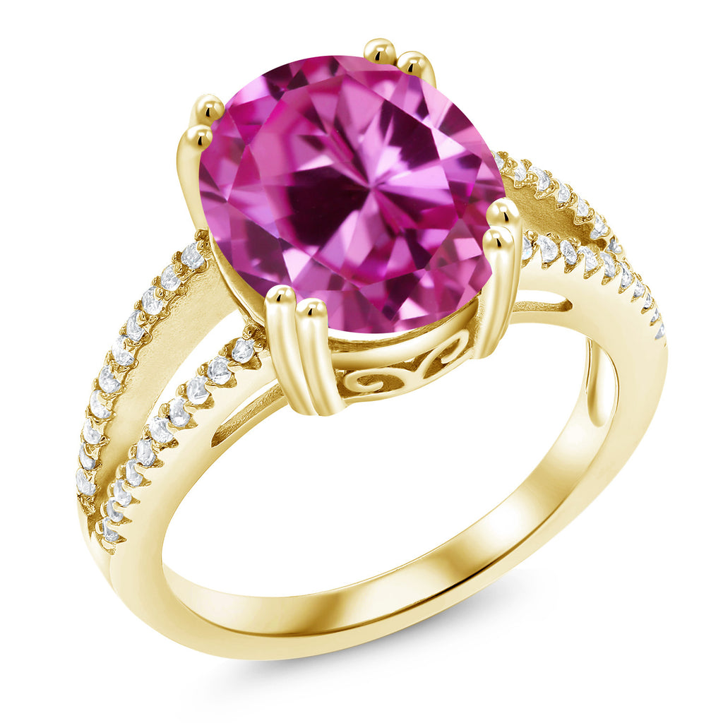Pink Created Sapphire - September_8_Ring in 925 Yellow Gold Plated Silver