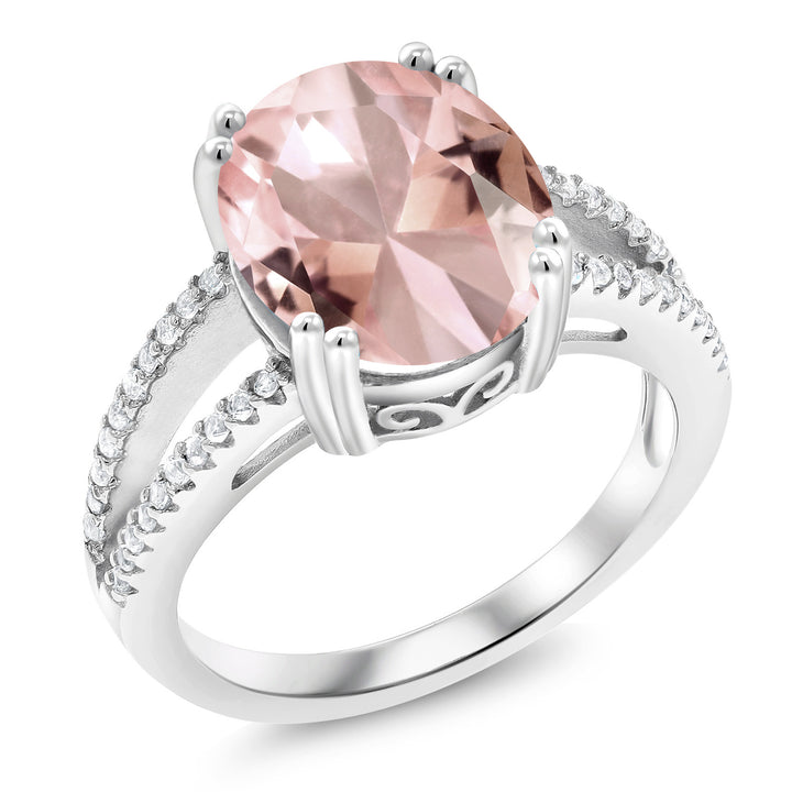 925 Sterling Silver Peach Nano Morganite Ring For Women (5.21 Cttw, Oval 12X10MM, Gemstone October Birthstone, Available In Size 5, 6, 7, 8, 9)