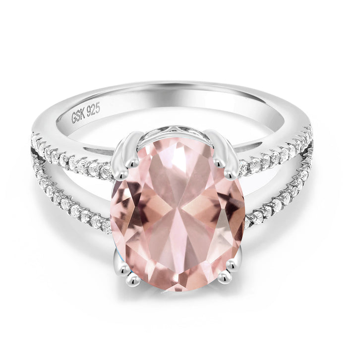 925 Sterling Silver Peach Nano Morganite Ring For Women (5.21 Cttw, Oval 12X10MM, Gemstone October Birthstone, Available In Size 5, 6, 7, 8, 9)