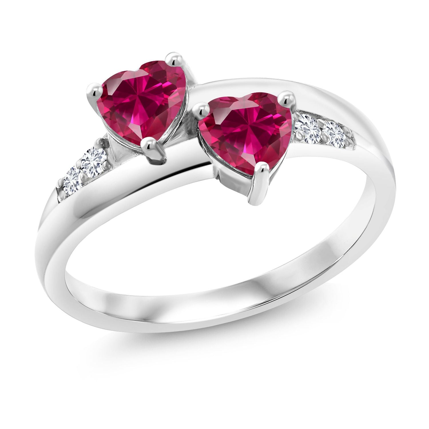 925 Sterling Silver Red Created Ruby and Lab Grown Diamond Ring For Women (1.28 Cttw, Heart Shape 5MM, Available in size 5, 6, 7, 8, 9)